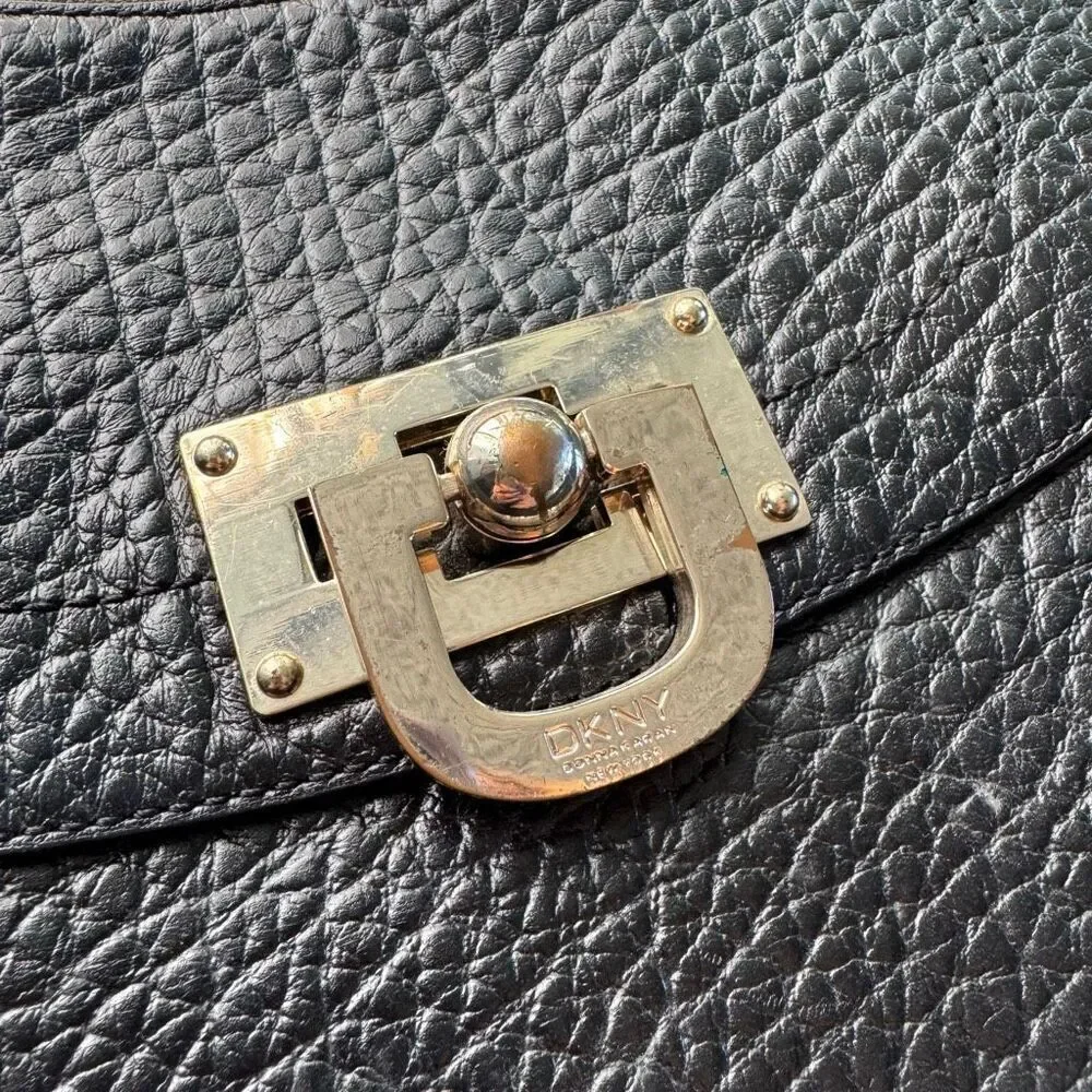 Vintage Y2K DKNY Hard Pebbled Leather Gold Hardware Turn Lock Shoulder Bag